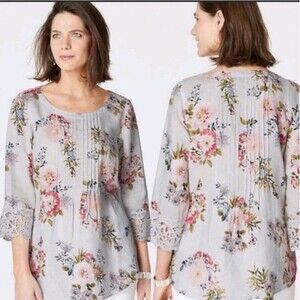 j jill Women's Gray Floral 100% Linen Pullover Top Size XL Love Linen Collection